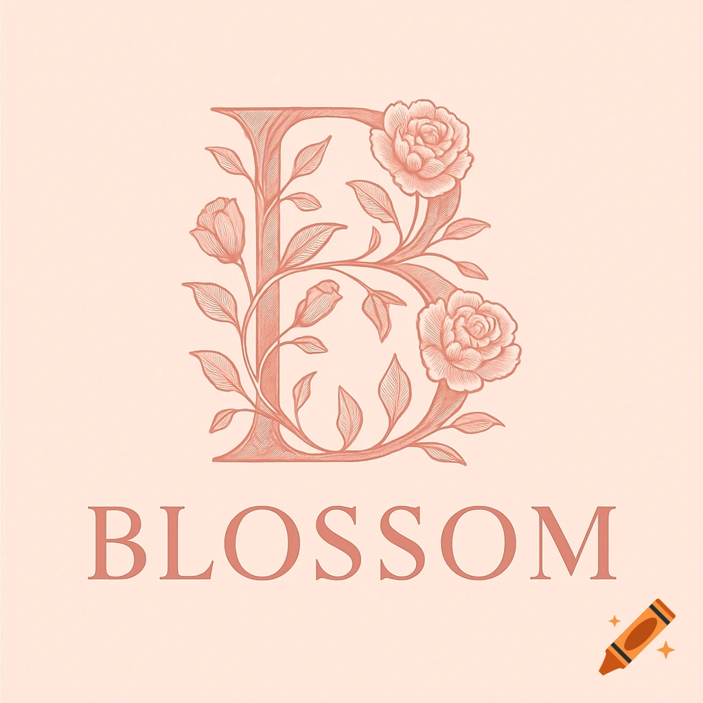 A pink, ornate letter B entwined with delicate floral vines and roses, above the word BLOSSOM, all on a light pink background.