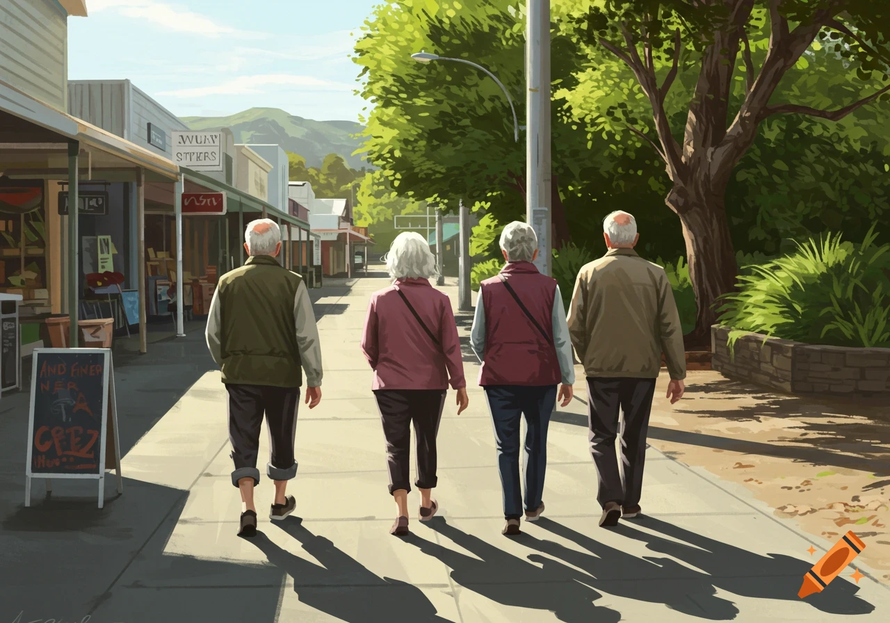 Digital painting of four elderly people walking away on a sunny town sidewalk past shops and trees.