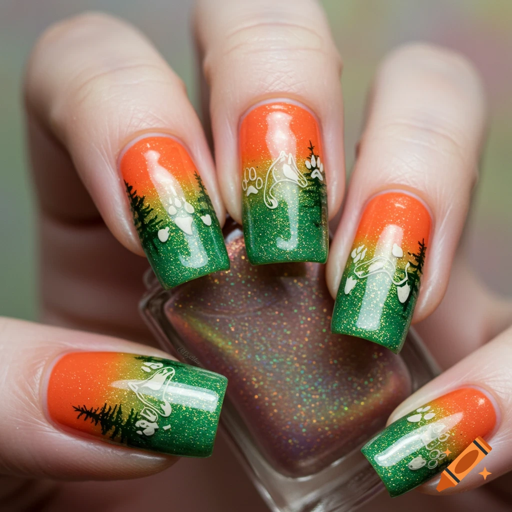 Hand with orange to green glitter ombre nails featuring black pine tree silhouettes and white fox paw prints, holding a glitter nail polish bottle.
