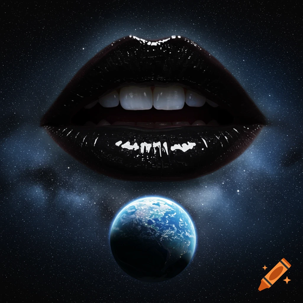 A close-up of giant, glossy black lips with white teeth, hovering over a detailed Earth against a starry cosmic background.