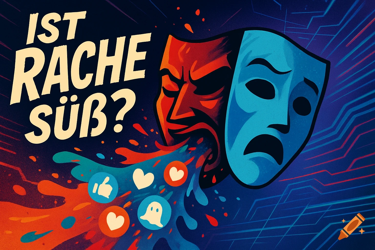 Vibrant illustration of an angry red mask and a sad blue mask. The red mask emits colorful splatters with social media icons. Text reads "IST RACHE SÜSS?"