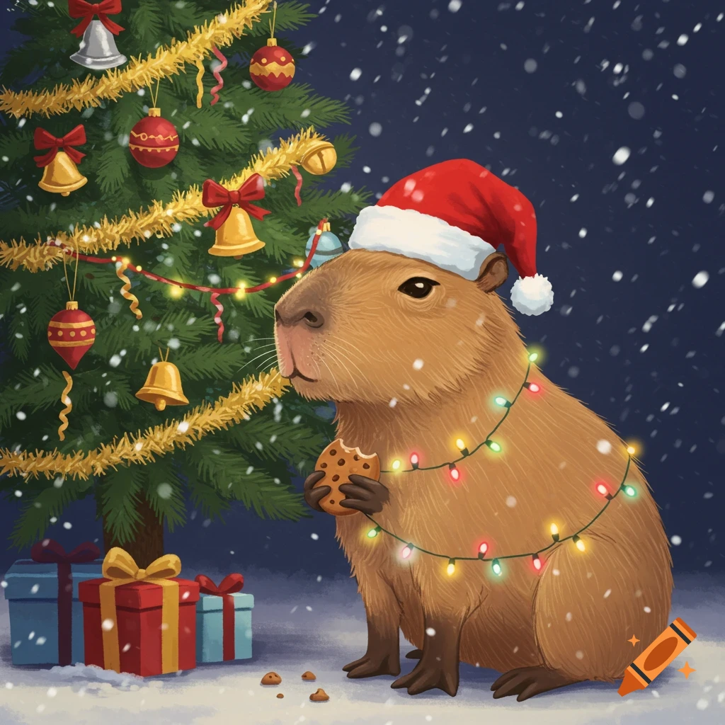 A cute capybara in a Santa hat, wrapped in colorful Christmas lights, eats a cookie in the snow next to a decorated Christmas tree and presents.