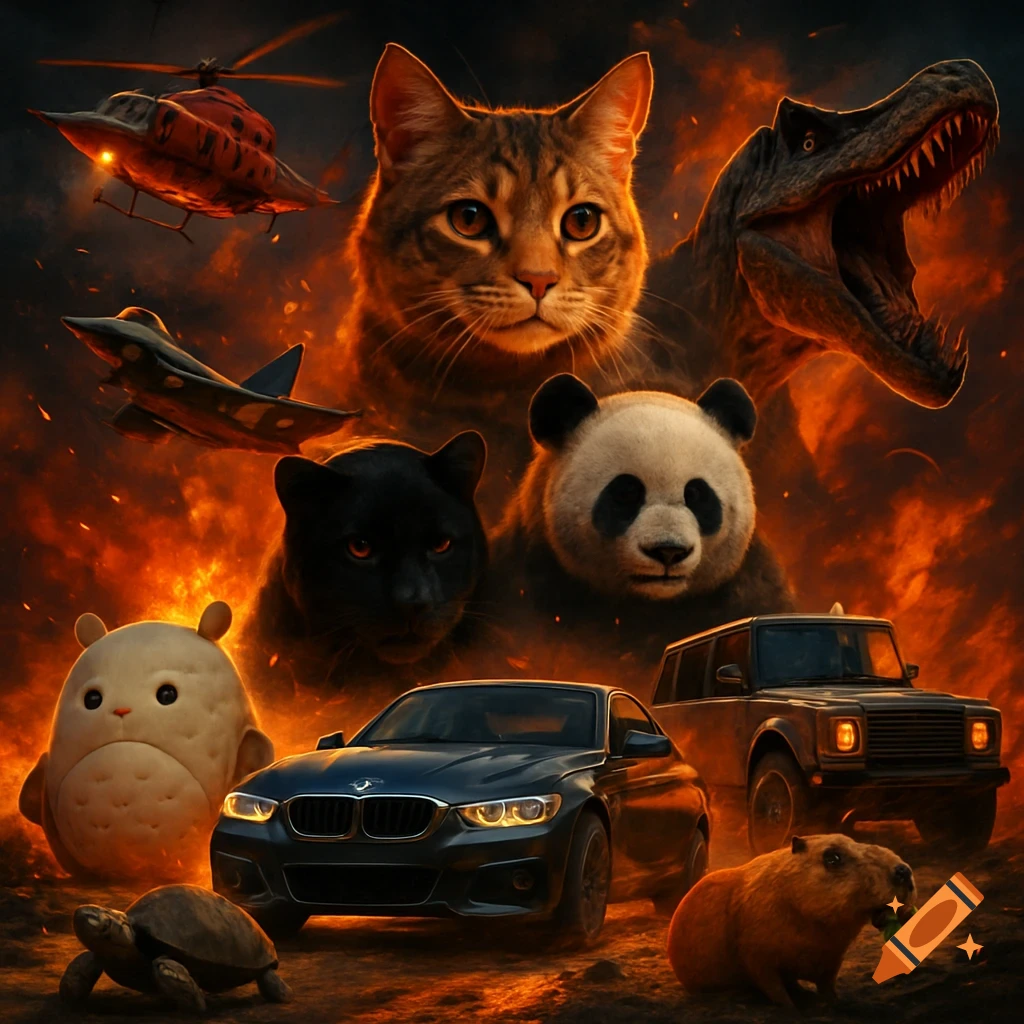 Rex Panda A dramatic movie poster-style image featuring a giant cat, T-Rex, panda ...