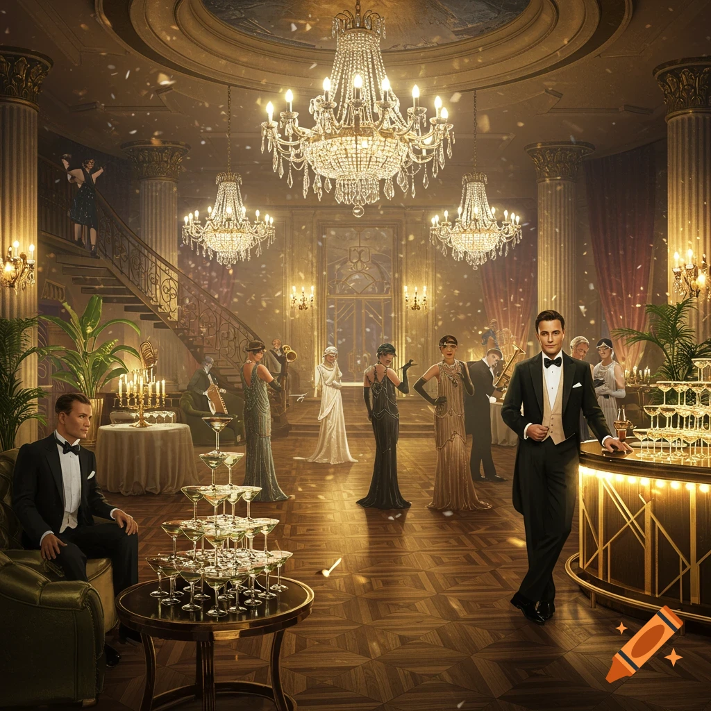 A grand 1920s Art Deco ballroom party with formally dressed guests, chandeliers, a bar, champagne towers, and confetti falling.