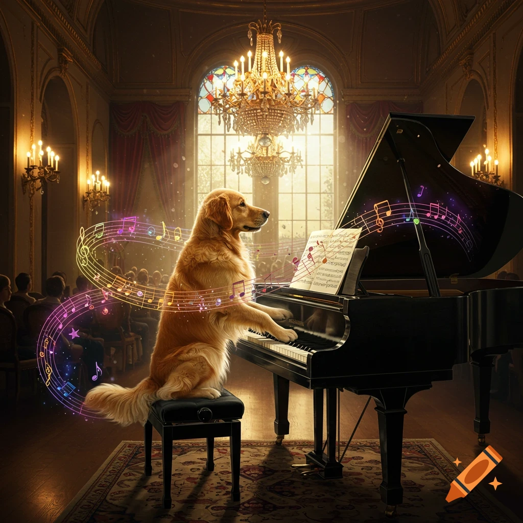 A photorealistic golden retriever sits at a grand piano in a lavish concert hall, surrounded by colorful musical notes.