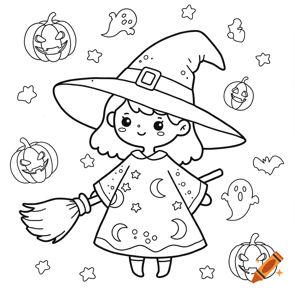 A cute Halloween coloring page featuring a witch with a big hat, broom, surrounded by jack-o'-lanterns, ghosts, and stars.