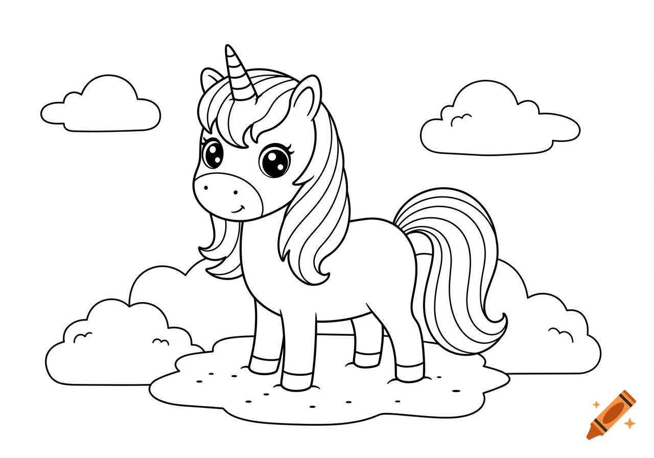 Cute smiling kawaii unicorn standing on clouds in black and white line art coloring book style.