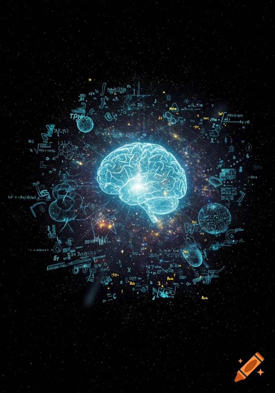 A glowing, ethereal brain surrounded by abstract mathematical equations and scientific diagrams against a star-filled space background.
