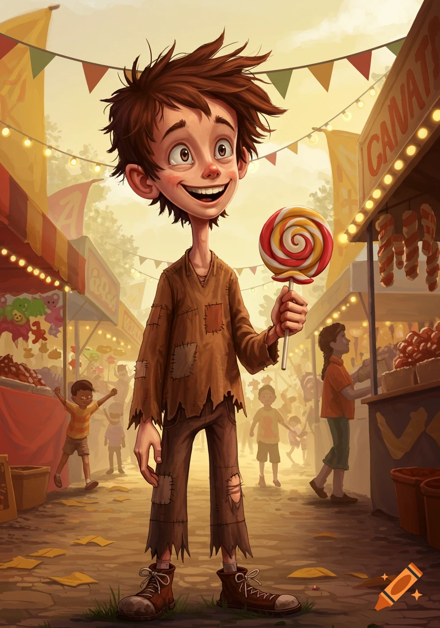 A grinning, scruffy cartoon boy holds a swirl lollipop at a bustling fair with market stalls and other children in the background.