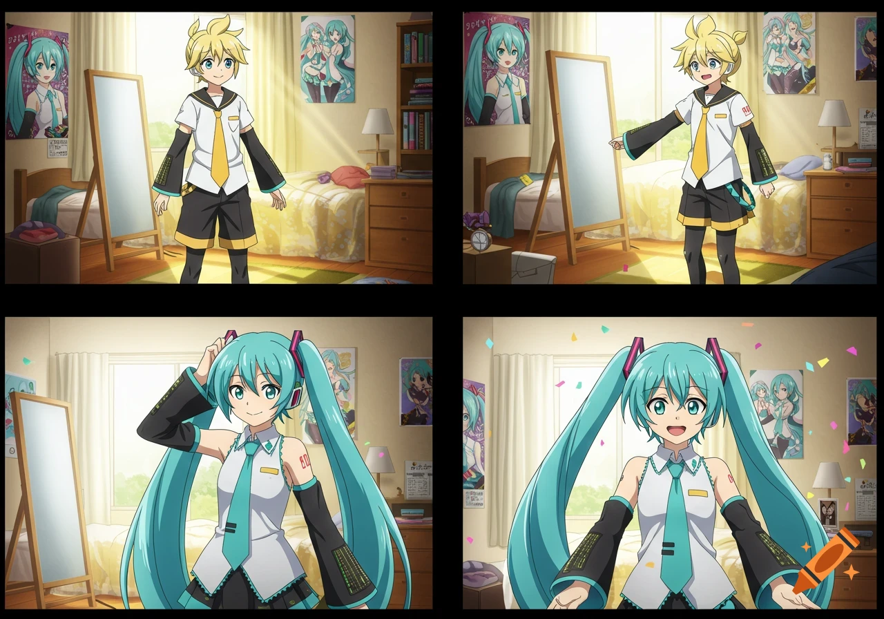 Four-panel anime comic shows Kagamine Len transforming into Hatsune Miku in a bedroom, complete with costume.