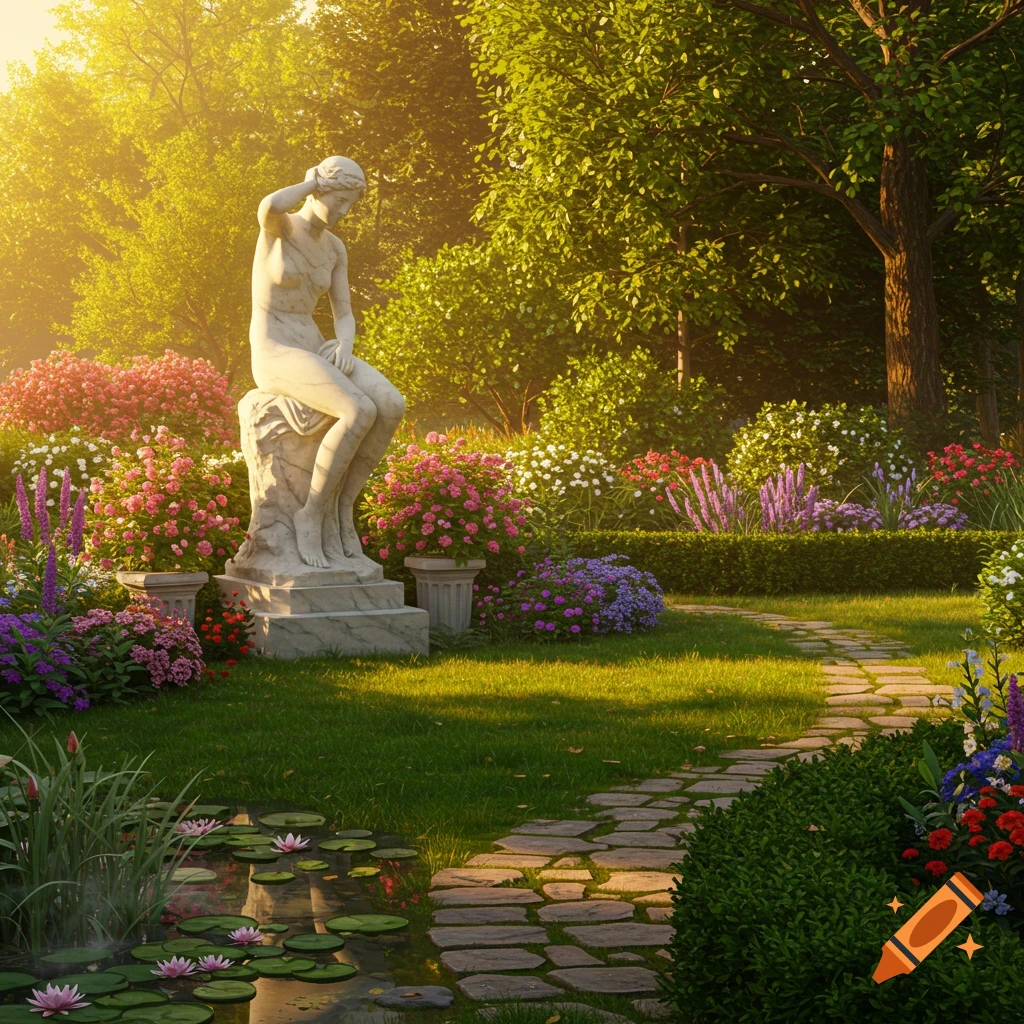 A classical white marble statue of a seated woman in a lush, sunlit garden with colorful flowers, a pond, and a stone path.