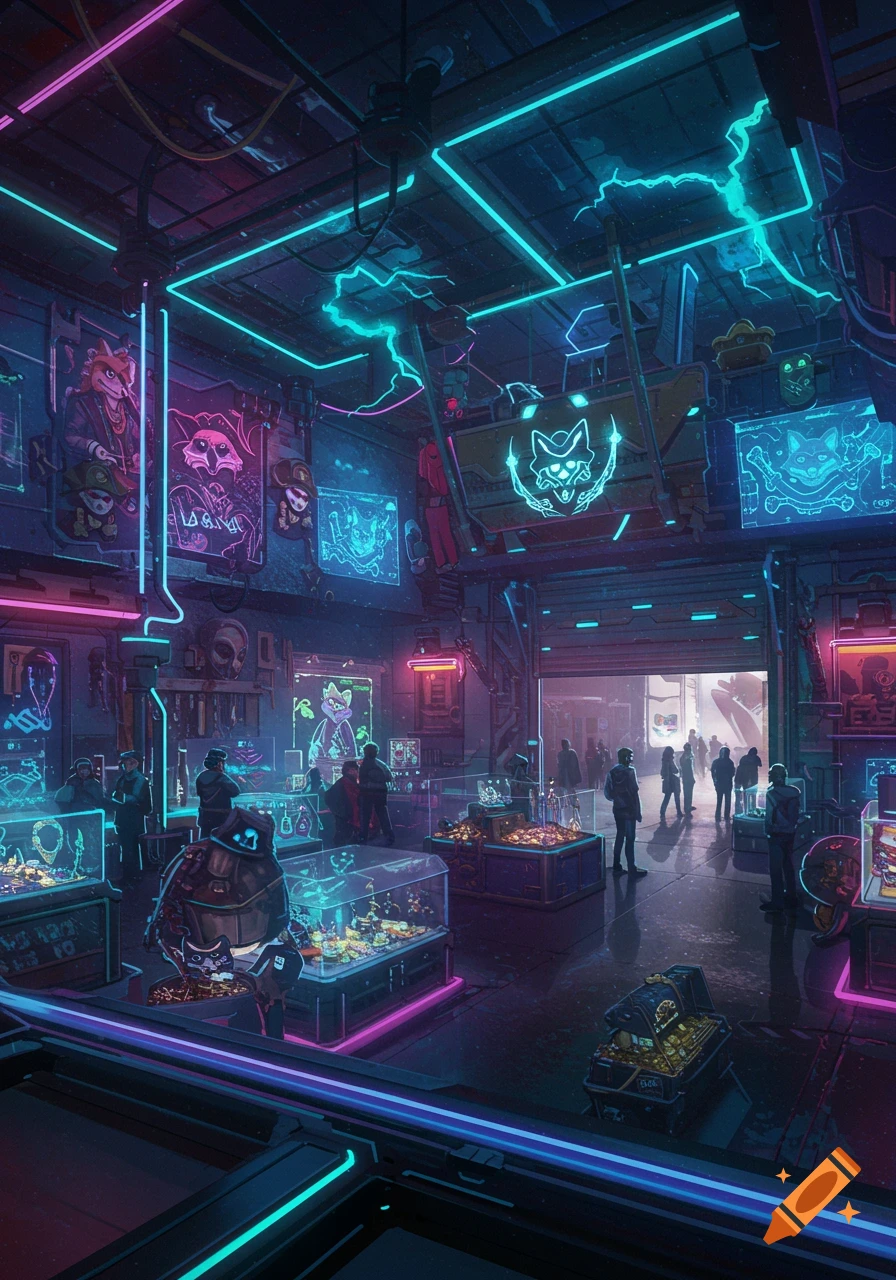 A vibrant, neon-lit cyberpunk pirate souvenir shop with glowing displays, customers, and intricate decor.