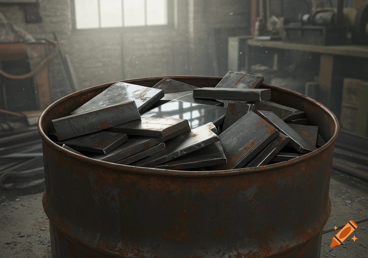 A photorealistic image of a rusty metal barrel filled with flat pieces of metal in an industrial workshop.