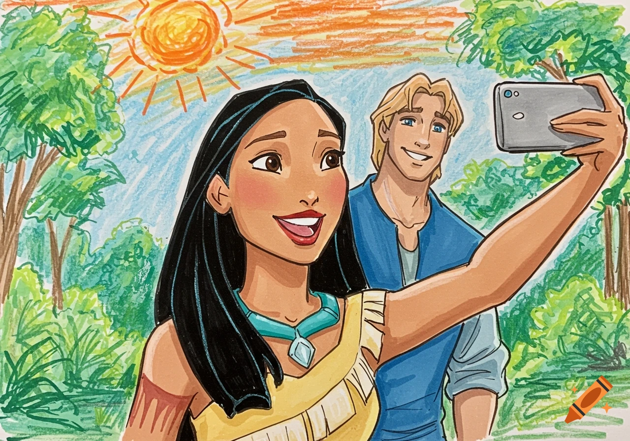Pocahontas taking a selfie with John Smith in a forest, depicted in a child's crayon drawing style.