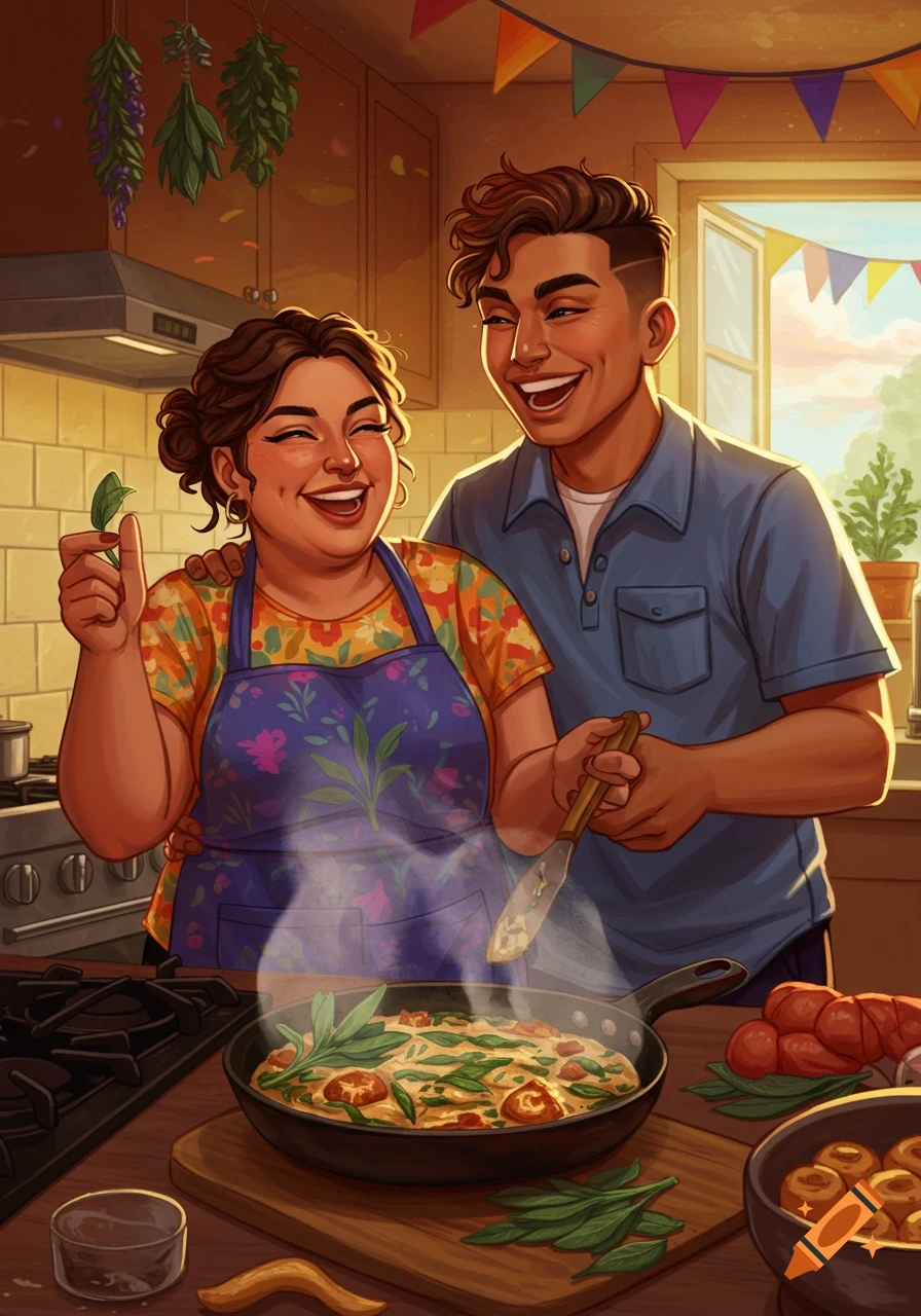 A vibrant illustration of a happy couple cooking together in a kitchen, one holding a herb and the other stirring a pan on the stove.