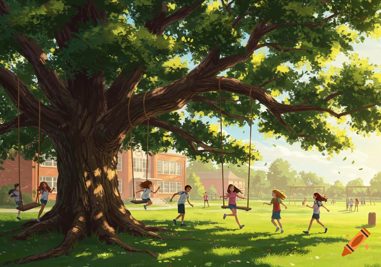Children play on swings attached to a massive tree in a sunny schoolyard. A school building stands in the background. Illustrated style.