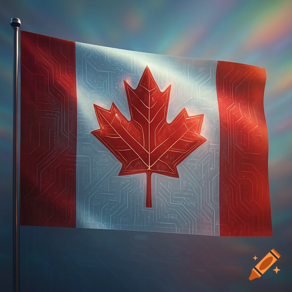 A Canadian flag featuring a circuit board pattern and a glowing maple leaf, waving against a vibrant sky.