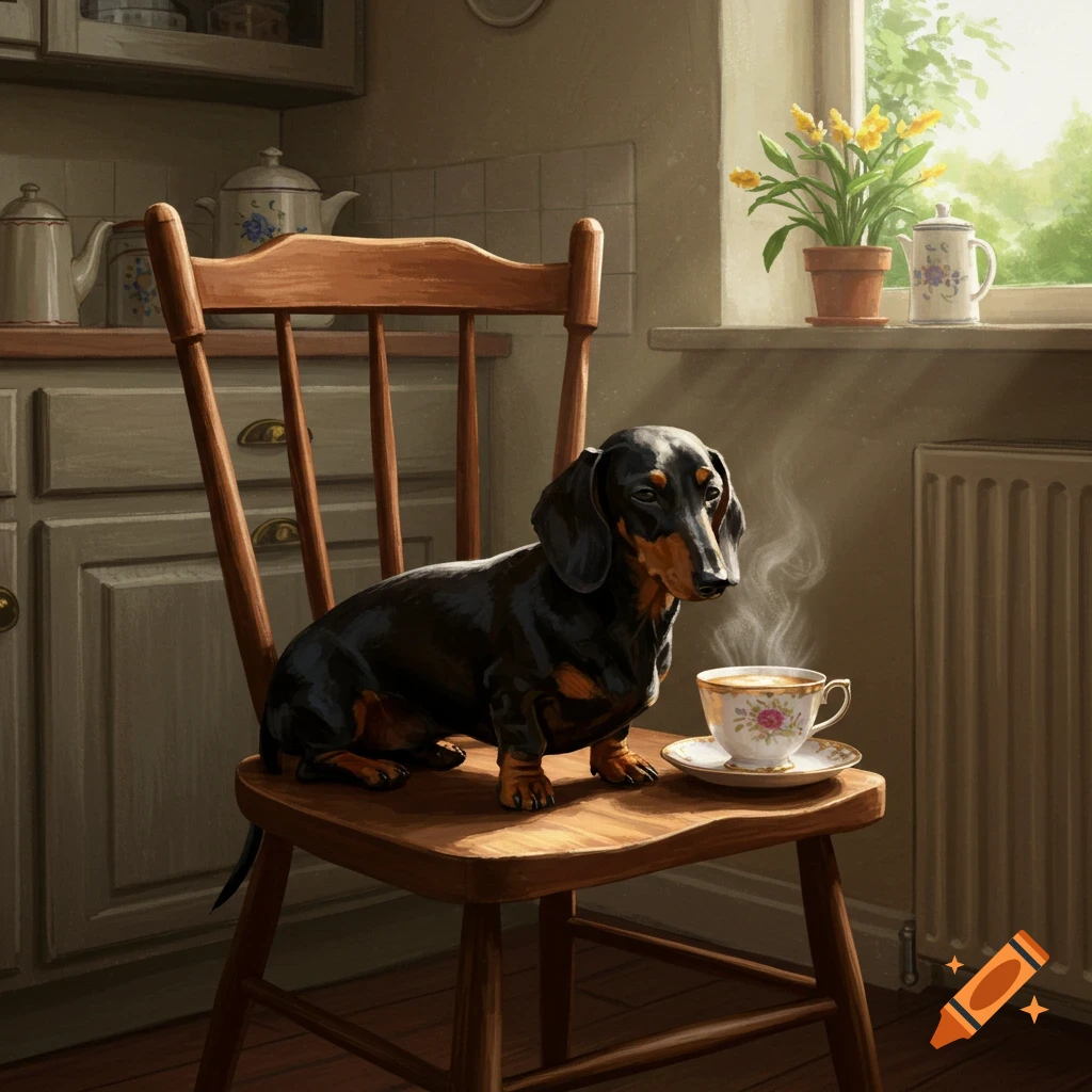 A black and tan dachshund sits on a wooden chair next to a steaming teacup in a kitchen, painted style.