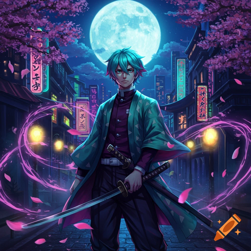 An anime character with teal hair, holding a katana, stands on a neon-lit Japanese street at night under a full moon and cherry blossoms.