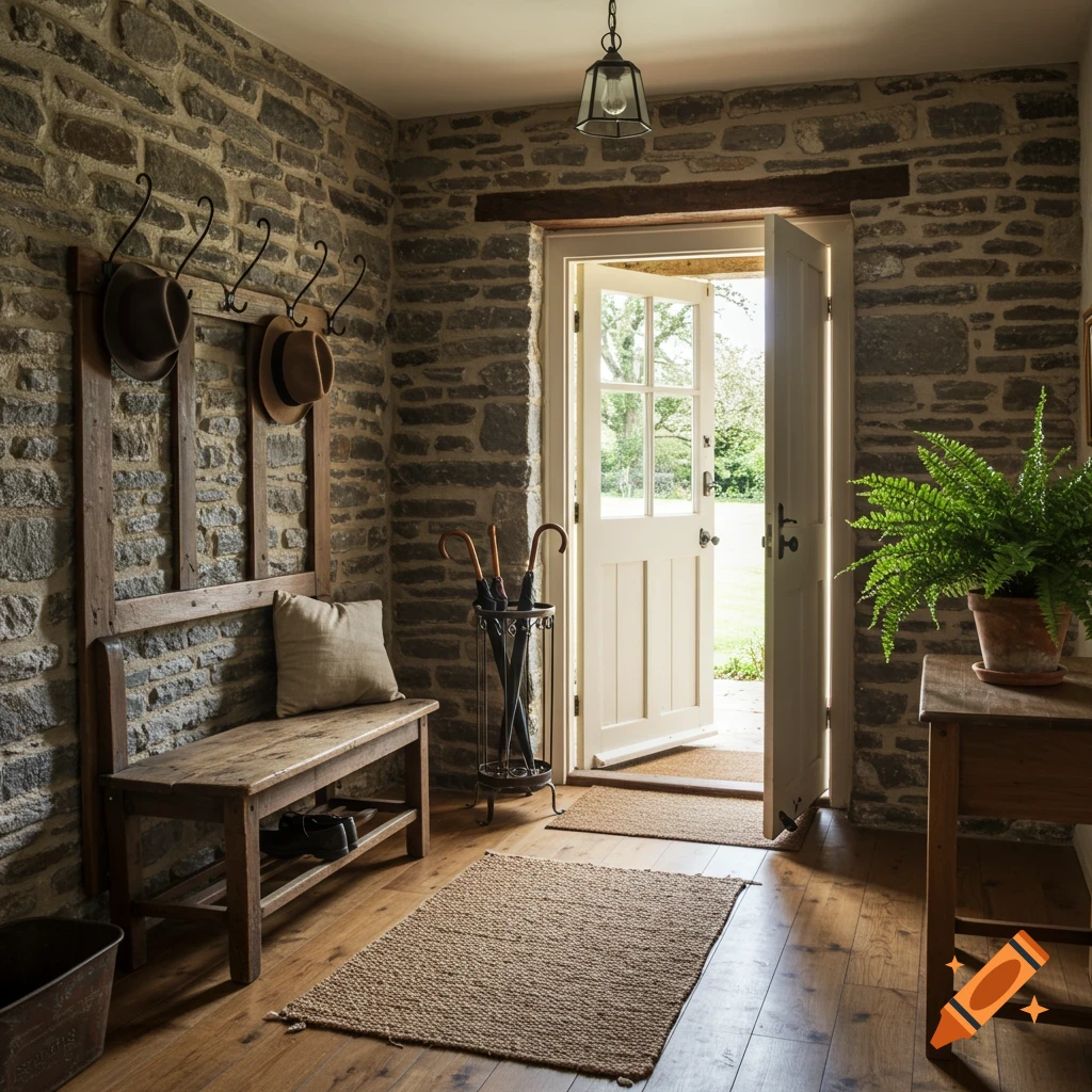 A rustic stone cottage entrance hall with a wooden bench, hooks, umbrella stand, potted plant, and an open door leading to a sunny garden.