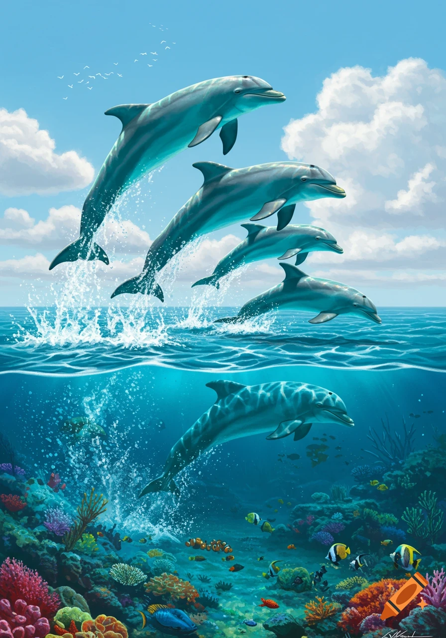 Illustration of multiple dolphins leaping from the ocean surface, with a view of a colorful coral reef and fish underwater.