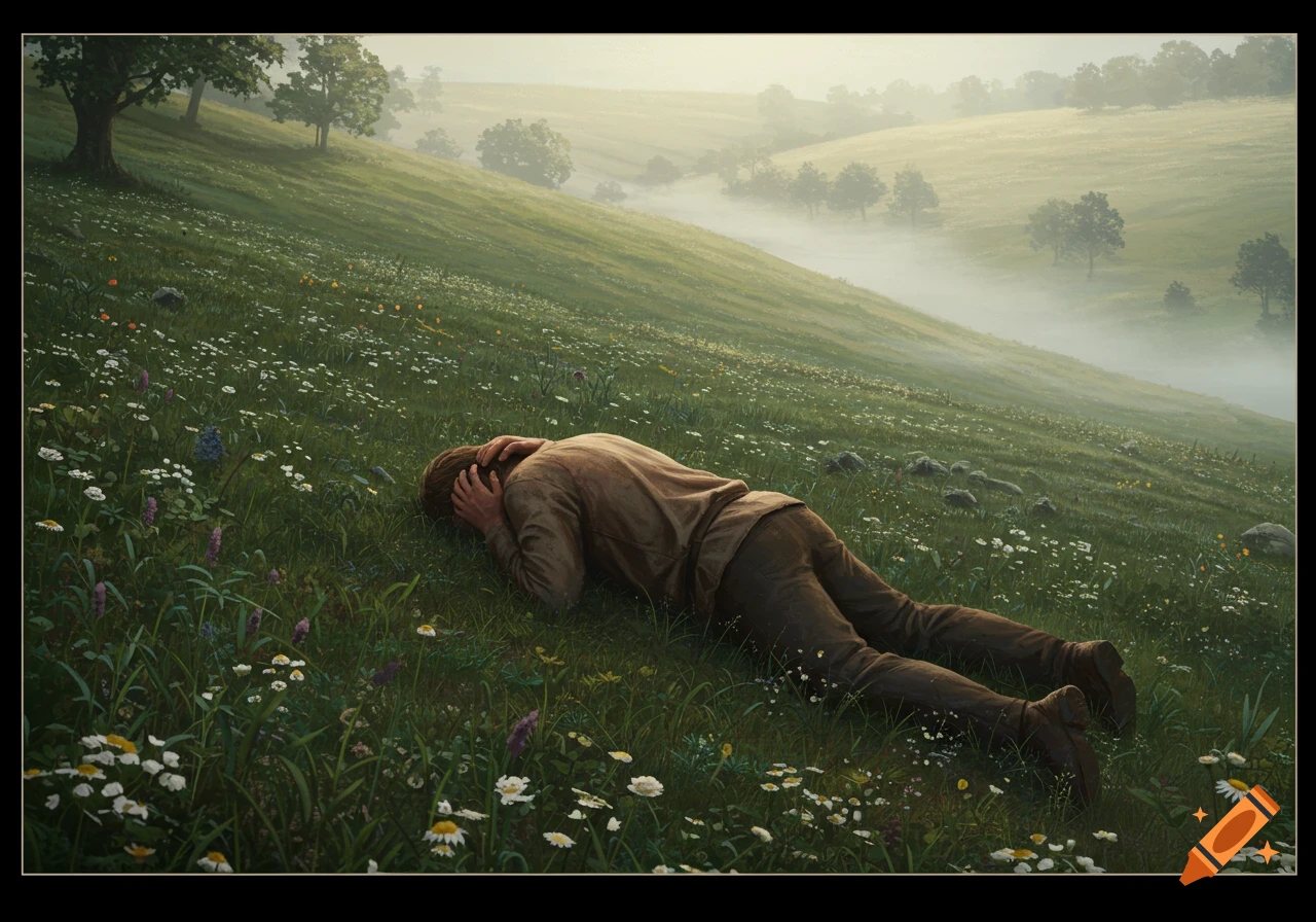A man lies face down on a green, flower-filled hillside with his hands on his head, misty hills and trees in the background.