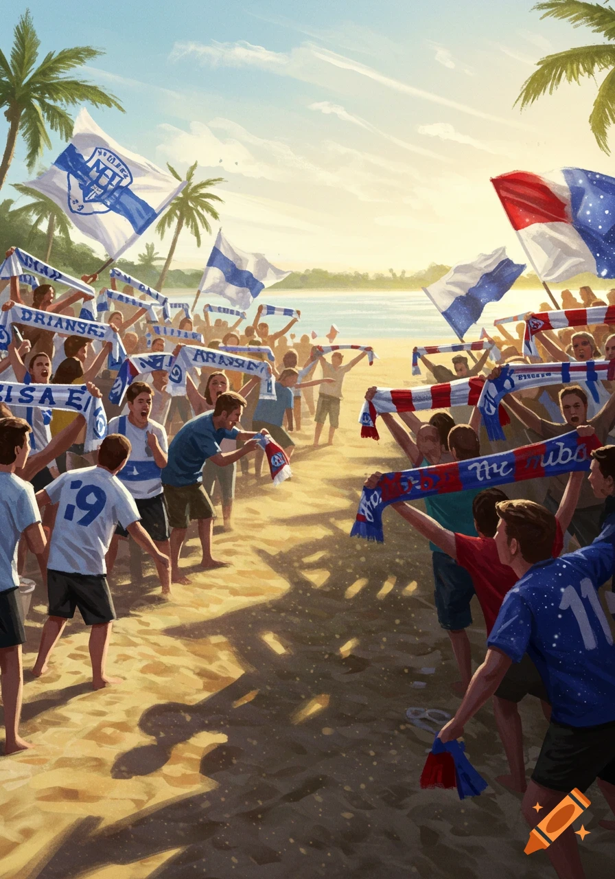 An illustration of two groups of soccer fans, one in blue and white, the other in red and blue, facing off on a sandy beach. Palm trees and ocean in the background under a sunny sky.