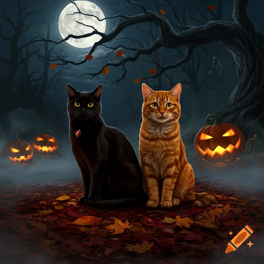 A black cat and an orange tabby cat sit among autumn leaves and glowing jack-o'-lanterns under a full moon in a spooky forest.