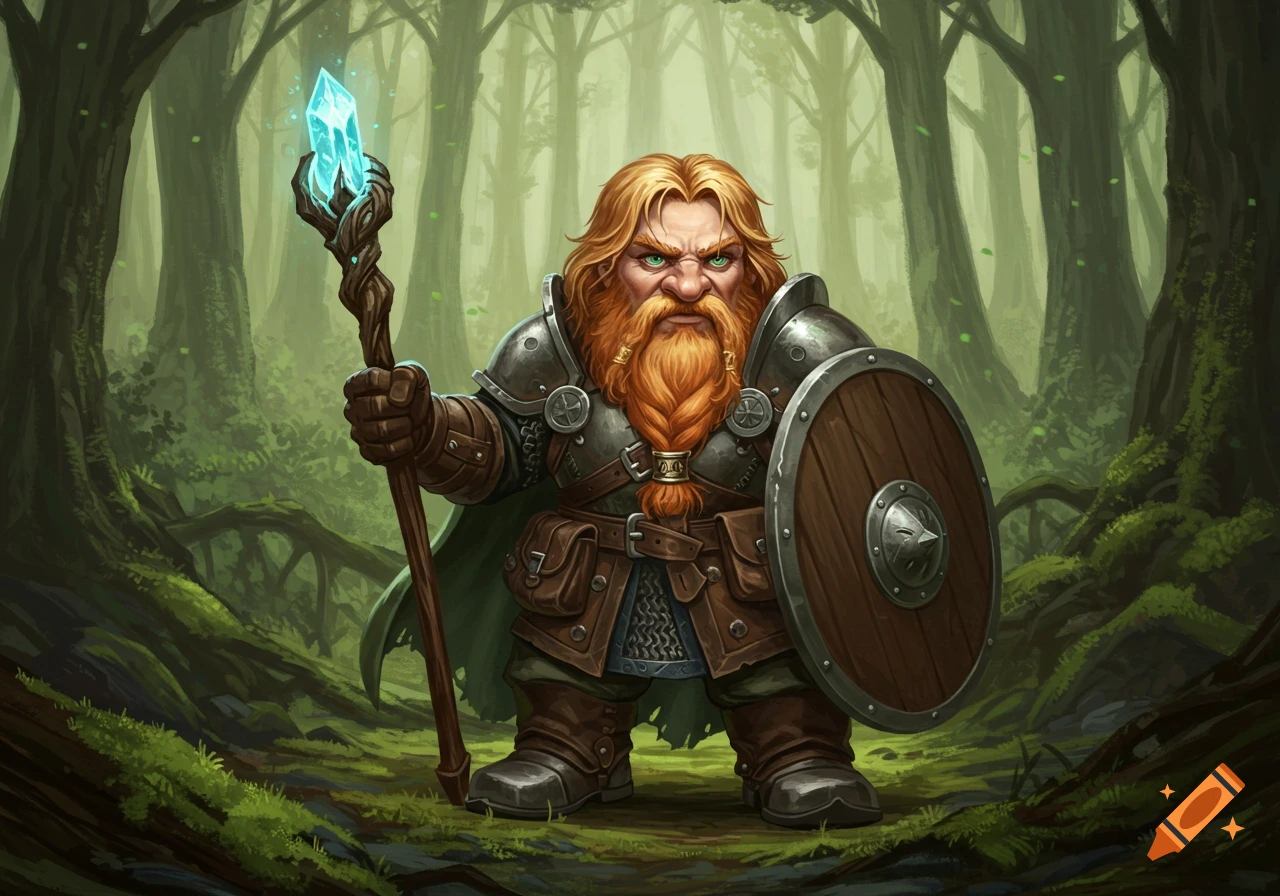 A fantasy dwarf with a red beard, armor, glowing staff, and shield stands in a lush forest.
