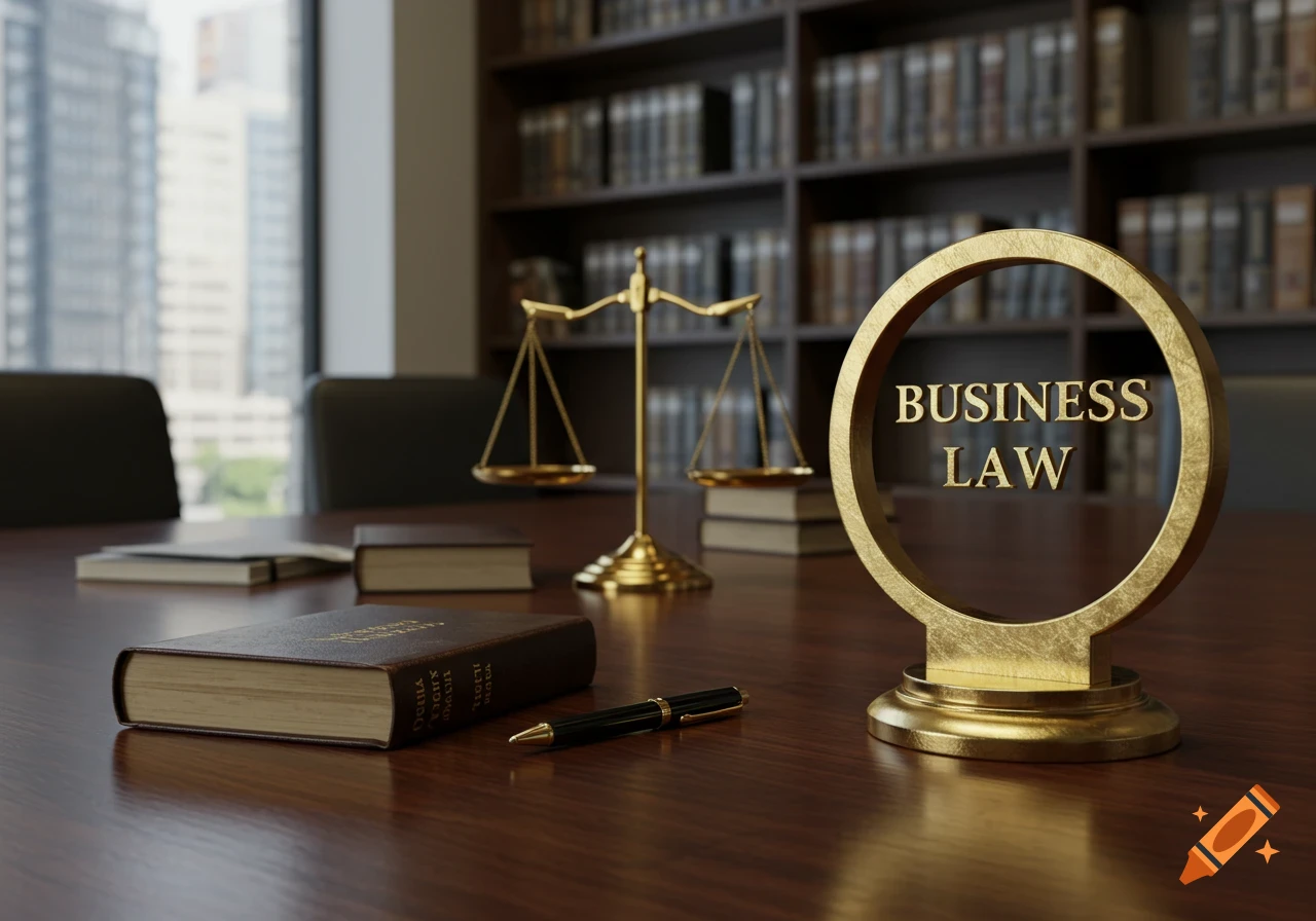 A photorealistic image of a law office desk with a golden "BUSINESS LAW" ring, scales of justice, books, and a pen.