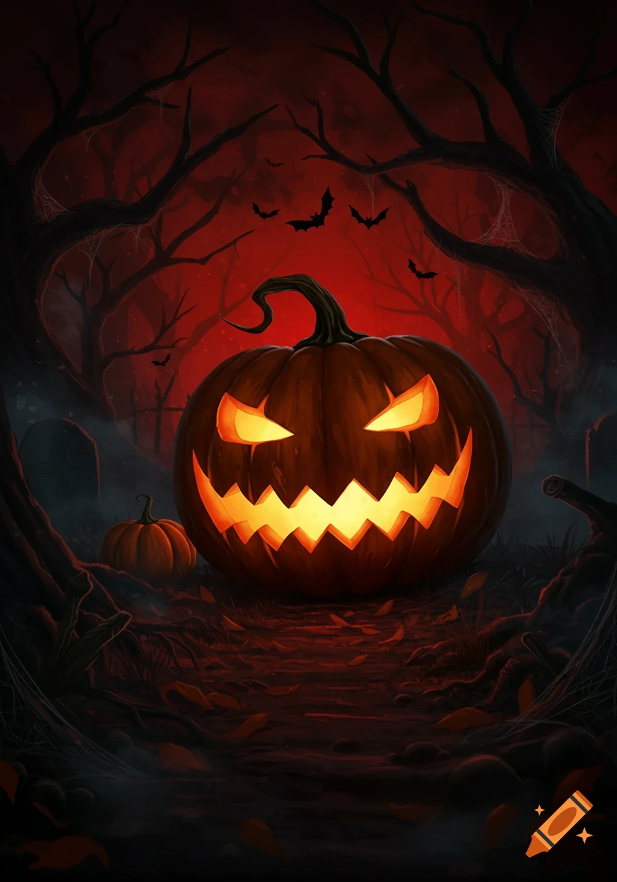 A glowing jack-o'-lantern sits on a leaf-covered path in a dark, spooky forest with bare trees, bats, and a fiery red sky.
