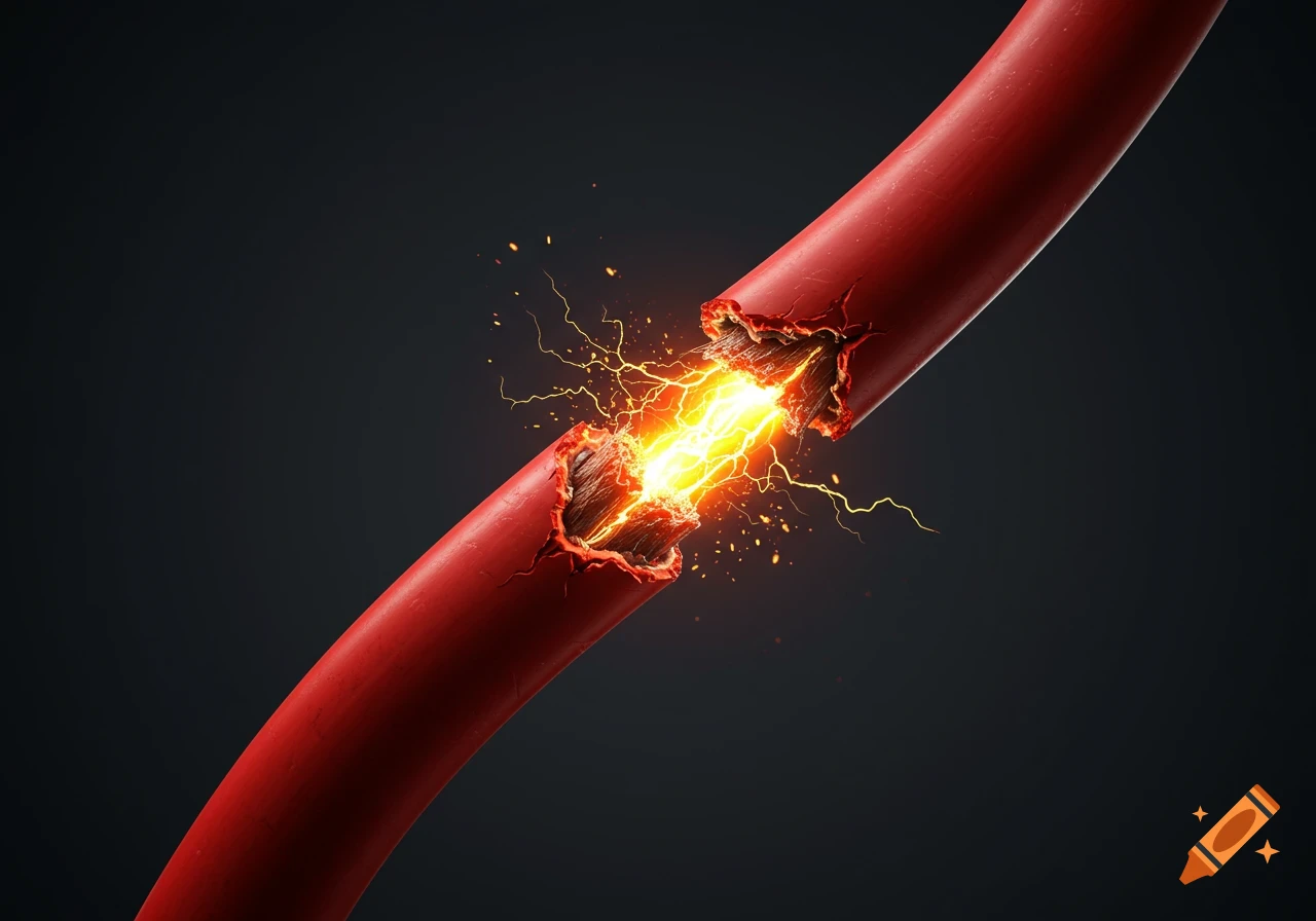 A vibrant red industrial power cable is splitting open, emitting bright orange and yellow sparks with an electric arc, on a dark background.