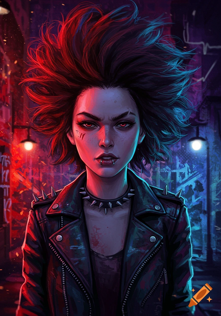 A fierce punk woman with spiky hair, red eyes, and a studded leather jacket stands in a neon-lit alley.