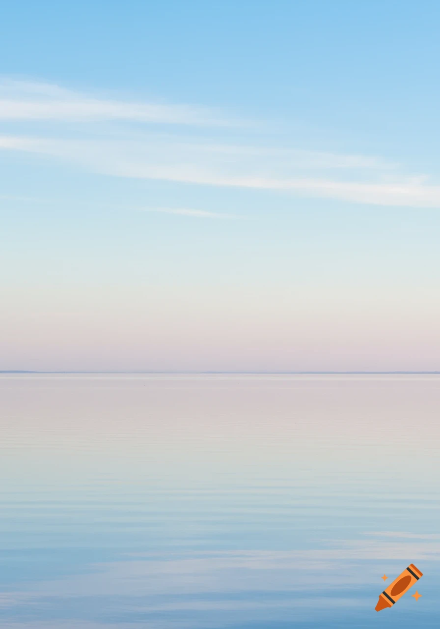 Minimalist tranquil lake scene with a smooth surface reflecting a pastel gradient sky of light blue, pale pink, and white.