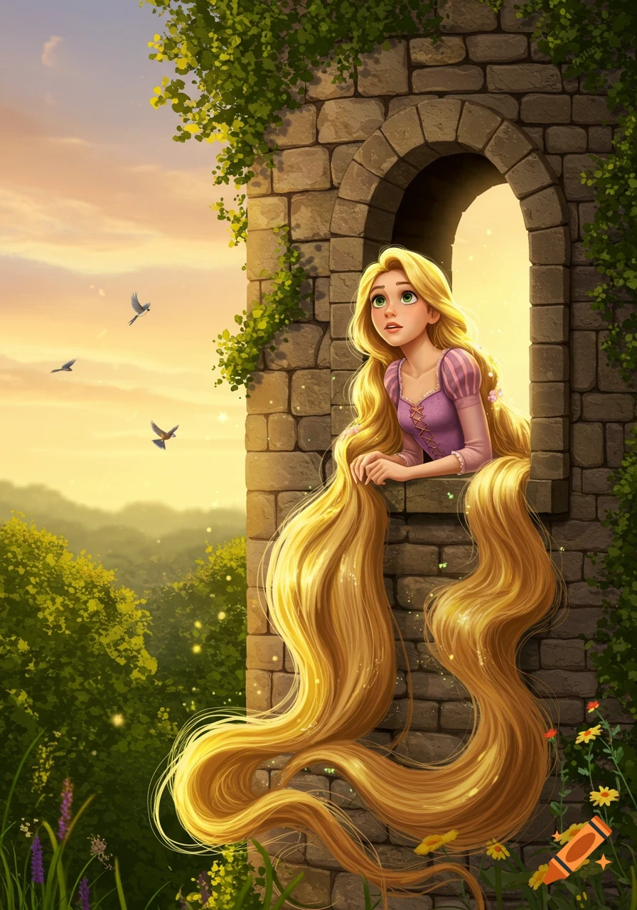 An animated illustration of Rapunzel with long golden hair looking out from a stone tower window at a scenic valley at sunset.