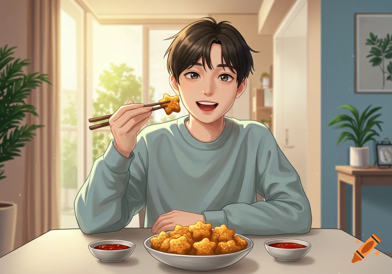 An anime boy with dark hair smiles while eating star-shaped nuggets with chopsticks, sitting at a table with dipping sauces.