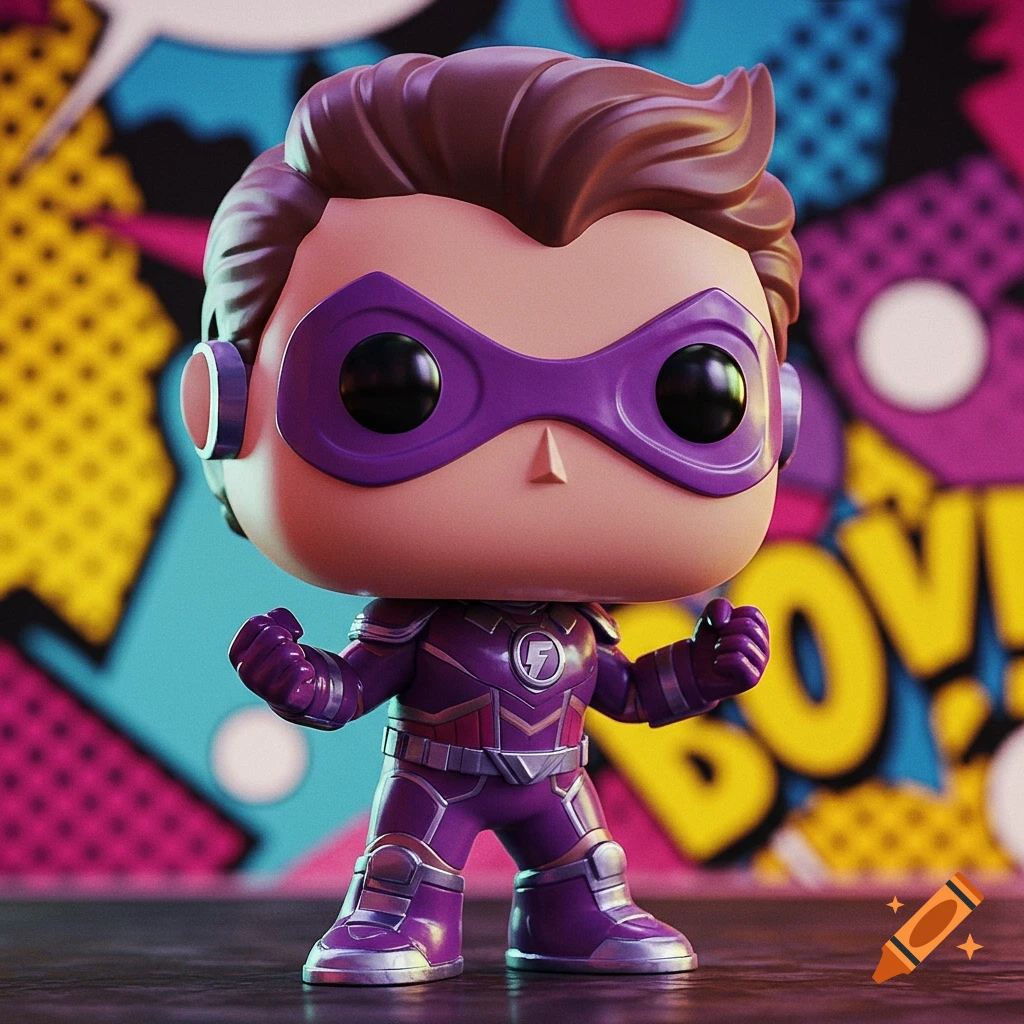 A stylized Funko Pop figure of a superhero in a purple suit and mask against a vibrant comic book background.