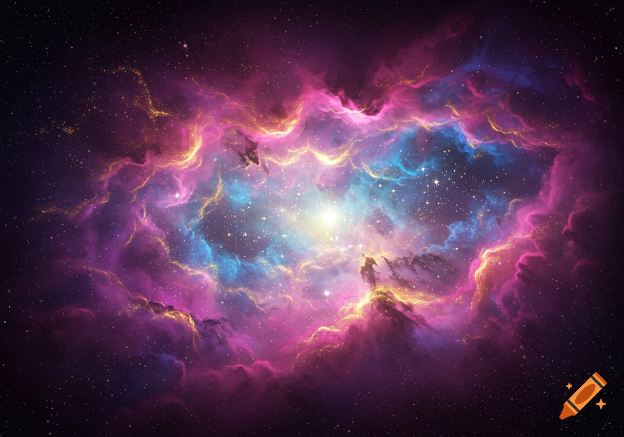 Vibrant nebula with pink, purple, and blue gases, gold dust, and stars, with a bright central light.