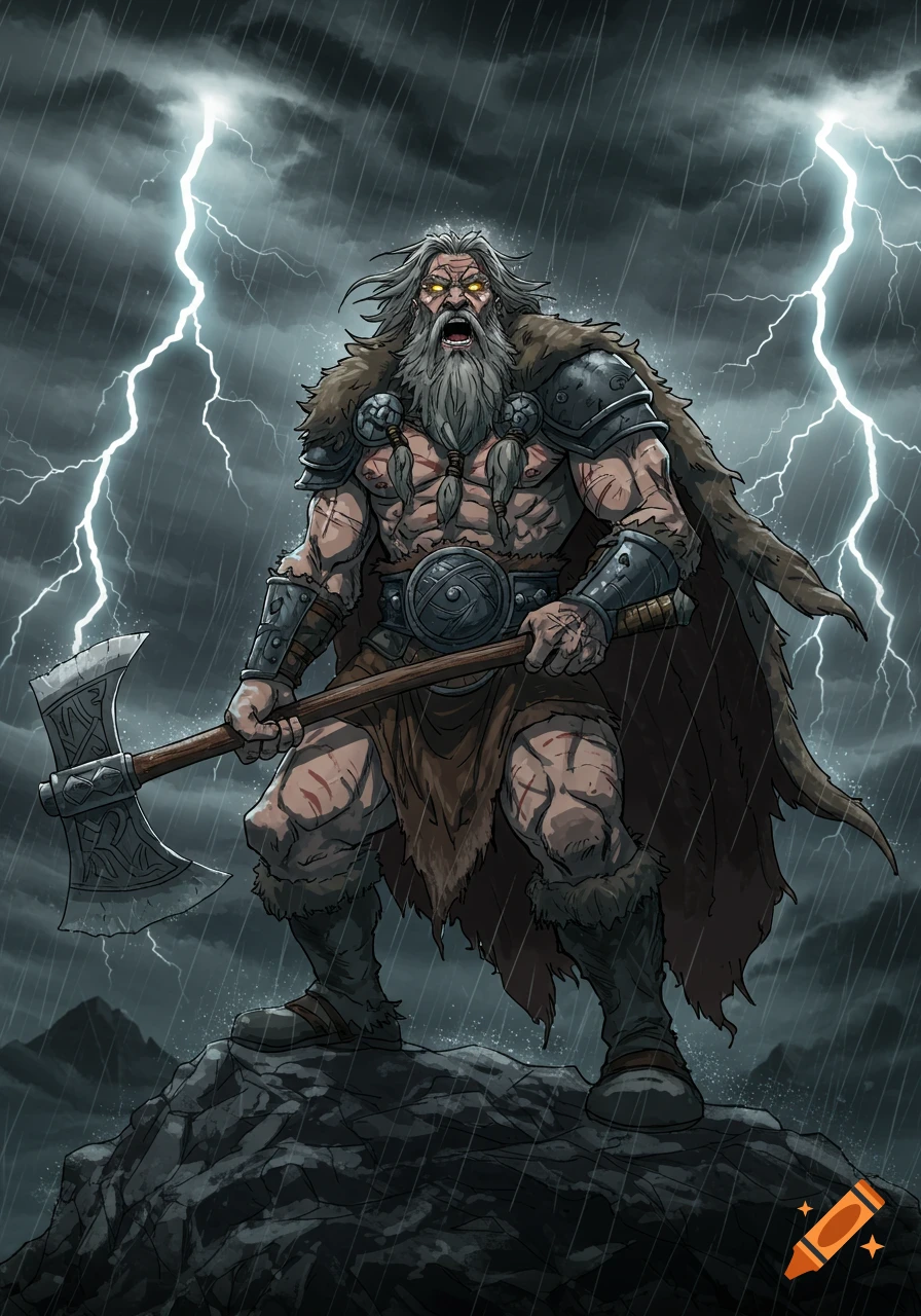 An anime sketch of a roaring, muscular barbarian with a grey beard and glowing eyes, holding an axe on a rocky summit during a stormy, rainy night with lightning.