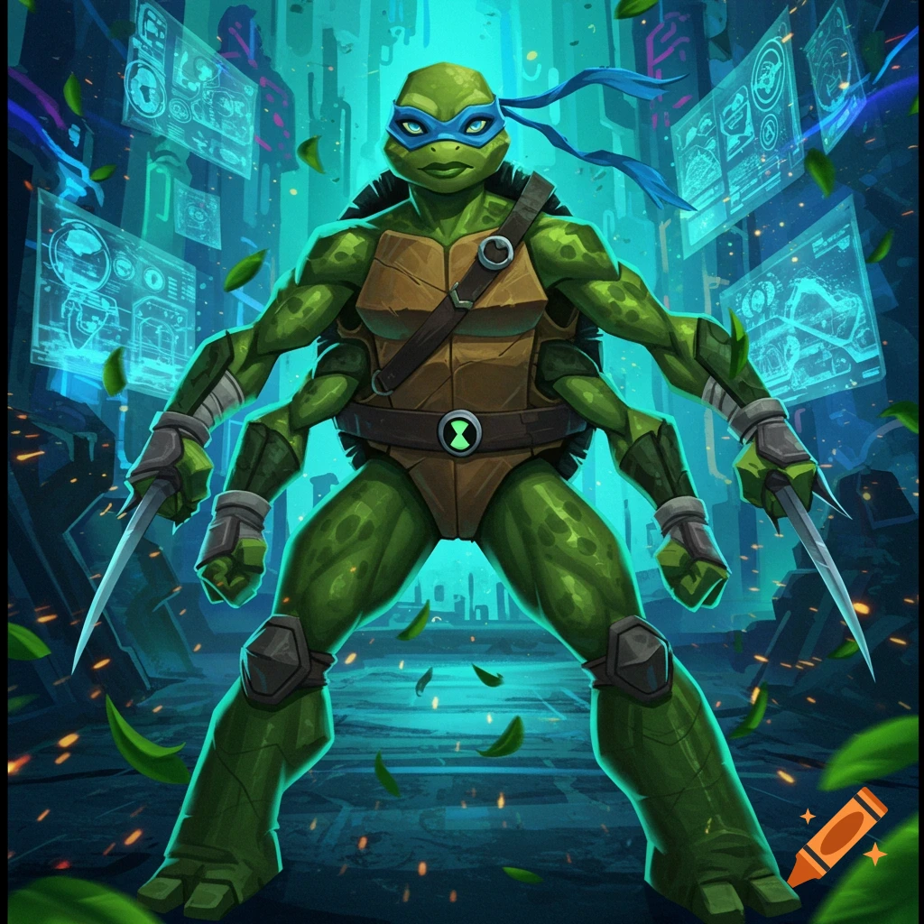A four-armed green ninja turtle in a blue mask, holding daggers, stands in a futuristic city with holographic screens.