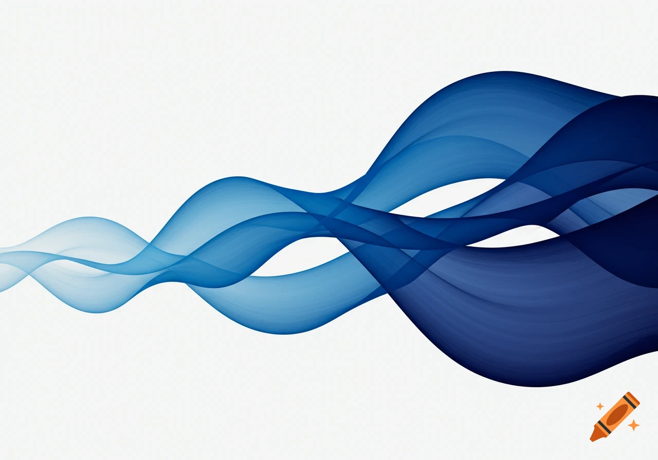 Abstract flowing blue ribbon-like waves with varying transparency and shades of blue against a white background.