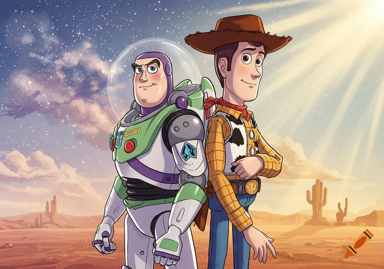 Buzz Lightyear and Woody from Toy Story standing back-to-back in an anime style desert landscape.