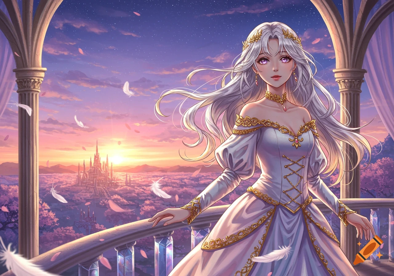 Anime princess with long white hair in an ornate dress on a balcony, overlooking a fantasy castle at sunset with floating feathers.