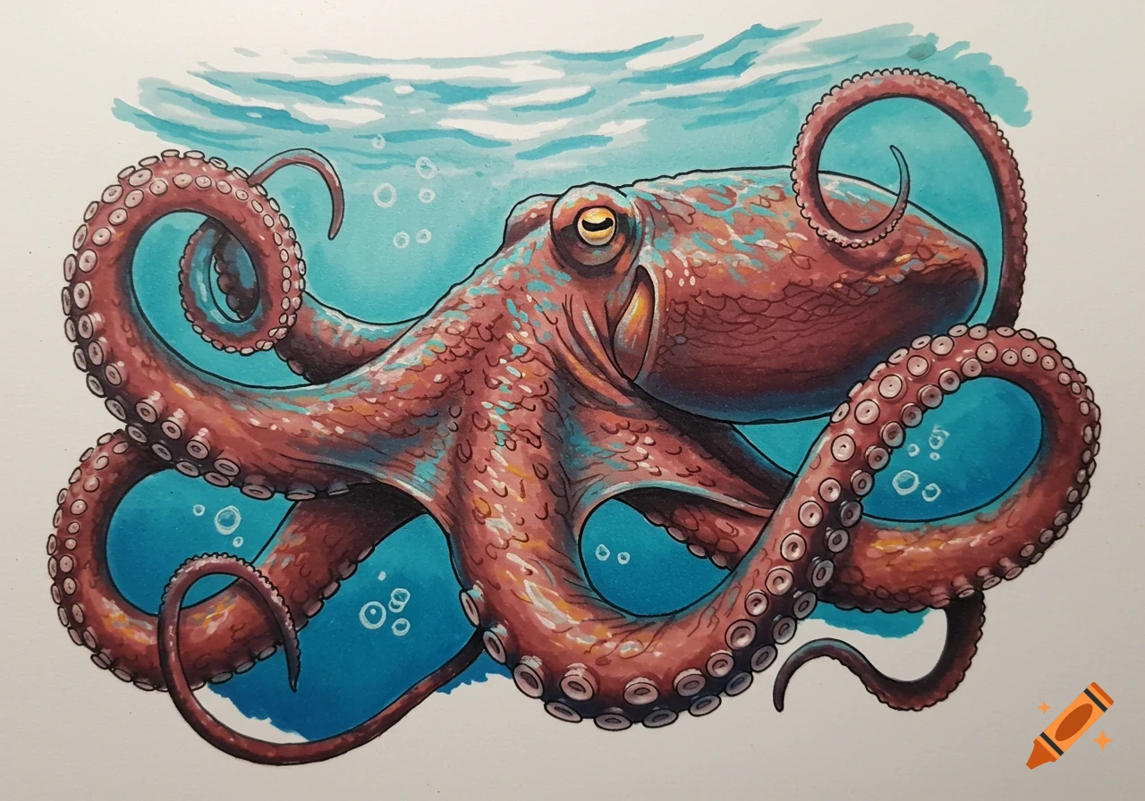 A vibrant, detailed illustration of a red-brown octopus with blue highlights, its tentacles curled, swimming in blue water.