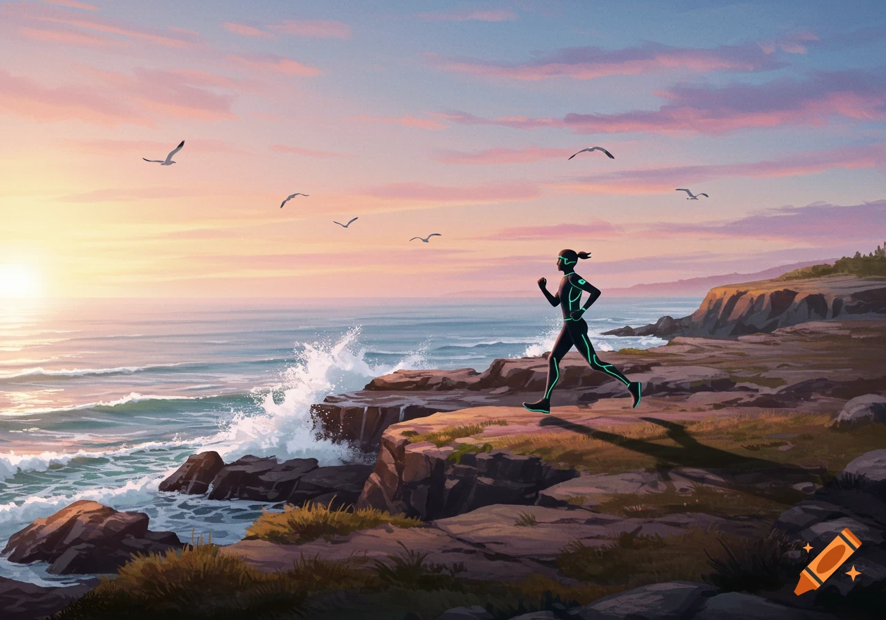 A stylized person in glowing athletic gear runs along a rocky coastline with crashing waves at sunrise or sunset.