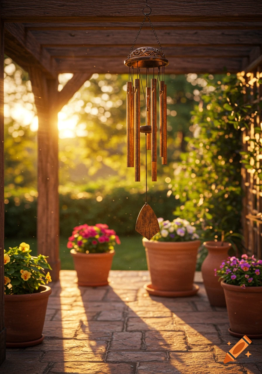 A golden wind chime hangs from a wooden pergola on a sunny patio with potted flowers and green foliage.