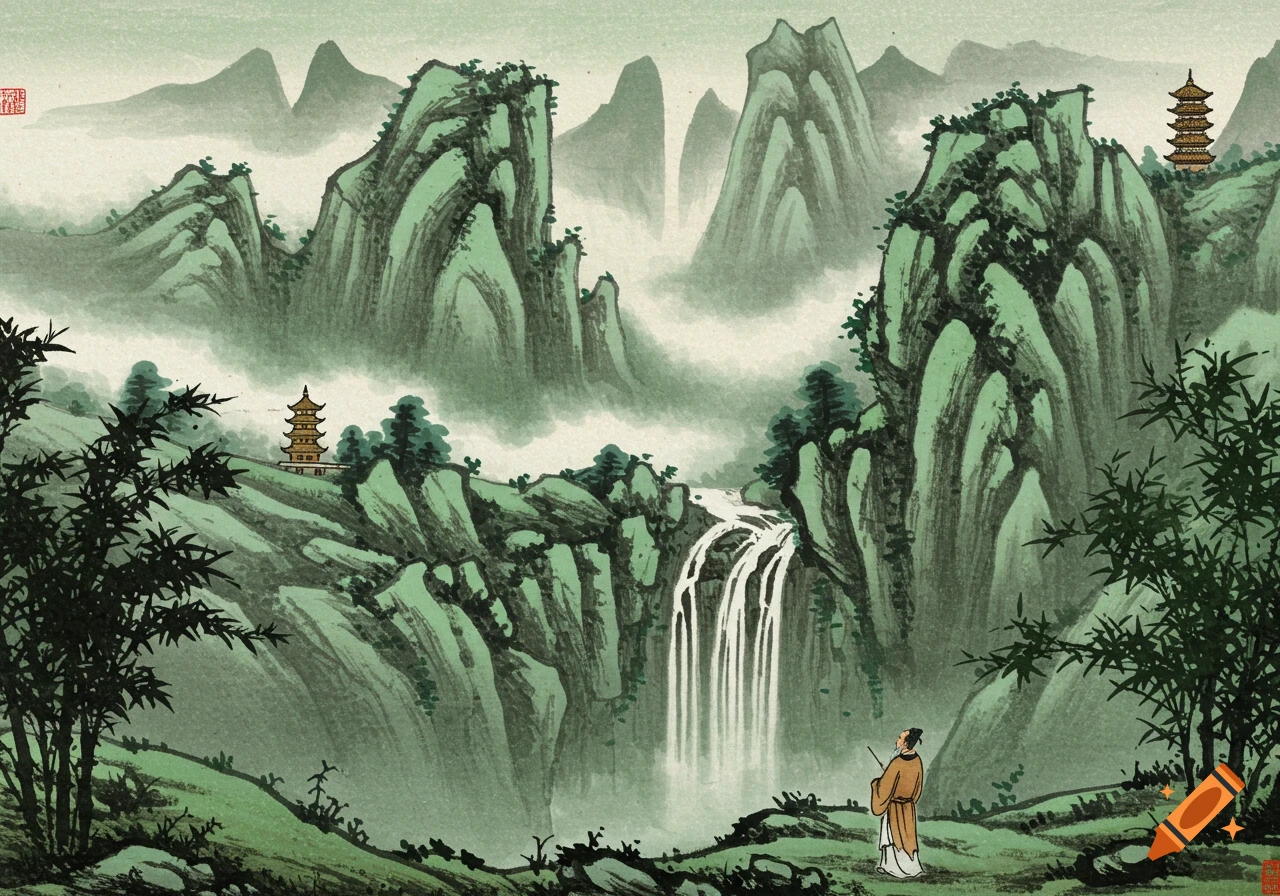 A traditional Chinese ink painting depicts a scholar gazing at a waterfall amidst mist-shrouded mountains, with pagodas and bamboo.