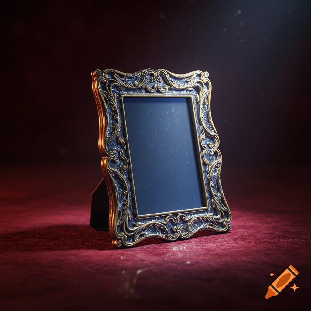 An ornate, antique gold and dark blue picture frame stands on a textured red surface, bathed in dramatic lighting.