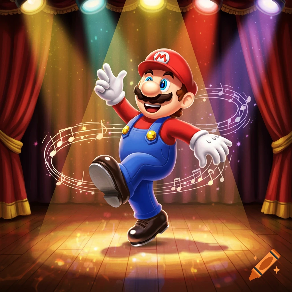 Mario tap dancing on a spotlighted stage with musical notes floating around him, cartoon style.