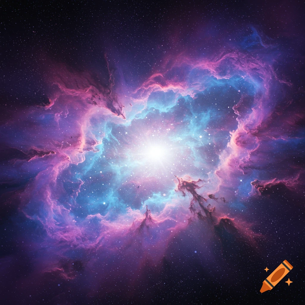 A vibrant nebula with a bright blue and pink core, surrounded by swirling gases and countless stars in deep space.